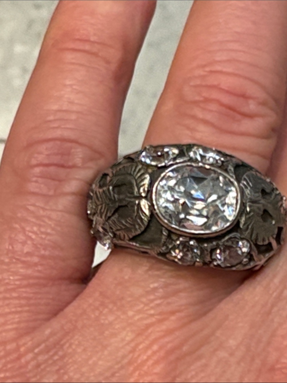 Sterling Silver Floral Band Ring with Clear Stone